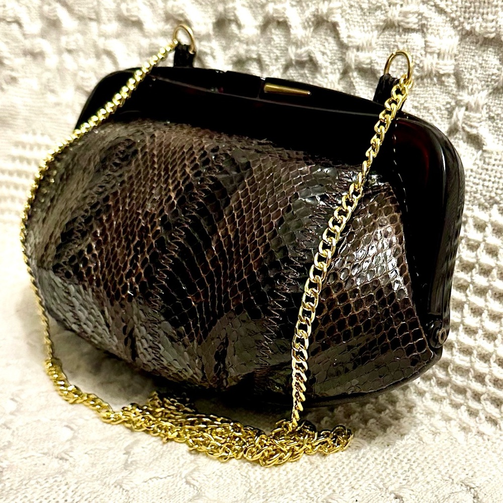 Vtg Snakeskin Leather Clutch/ Cross Body Bag Chocolate Brown Borsa Bella Italy - Picture 4 of 15